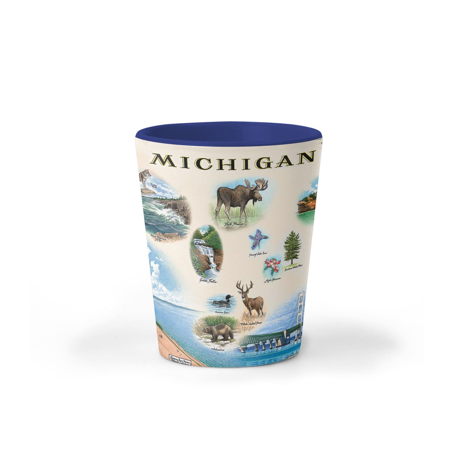 Michigan State Map Ceramic shot glass by Xplorer Maps. Featuring the Great Lakes, Detroit, Ann Arbor, Grand Rapids, and Lansing. The Print also features Nature, animals, ducks, deer, fish, moose lighthouses, wolverines, and the Mackinac Bridge.