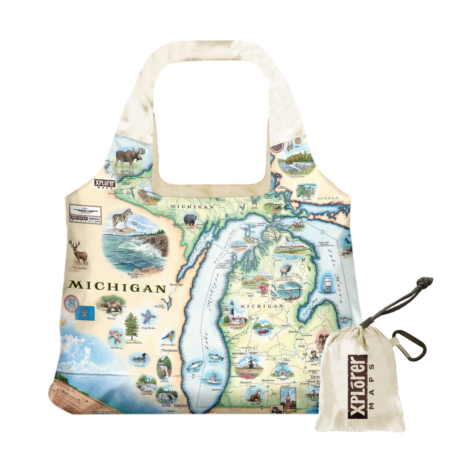 Michigan Pouch Tote Bags by Xplorer Maps. Featuring the Great Lakes, Detroit, Ann Arbor, Grand Rapids, and Lansing. The Print also features Nature, animals, ducks, deer, fish, moose lighthouses, wolverines, and the Mackinac Bridge.