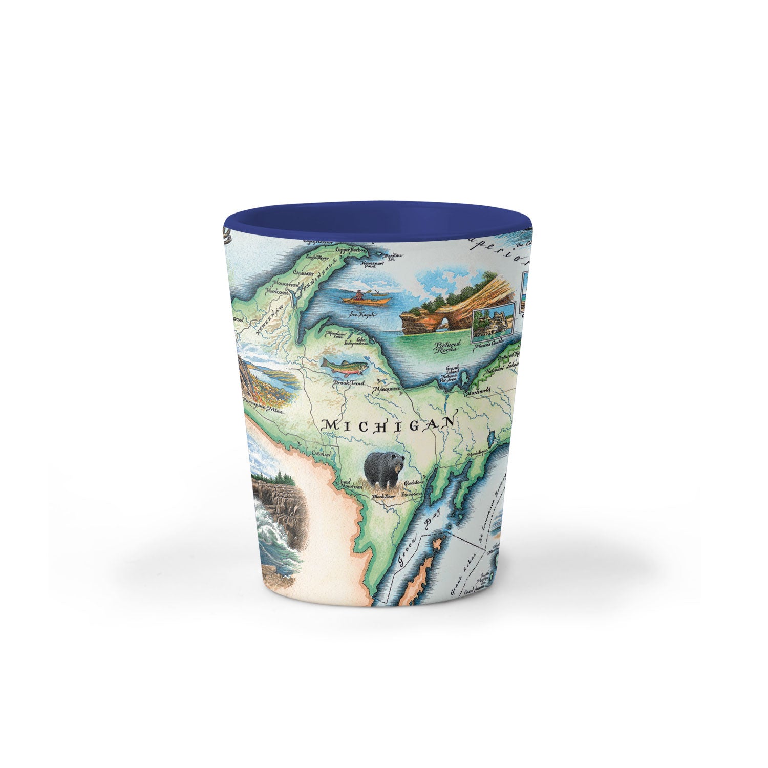 Michigan Upper Peninsula ceramic shot glass. The cup features moose, Tahquamenon Falls State Park, waterfalls,  the Great Seal of Michigan, Thunder Bay National Marine Sanctuary, Mackinac Bridge, and an Island.