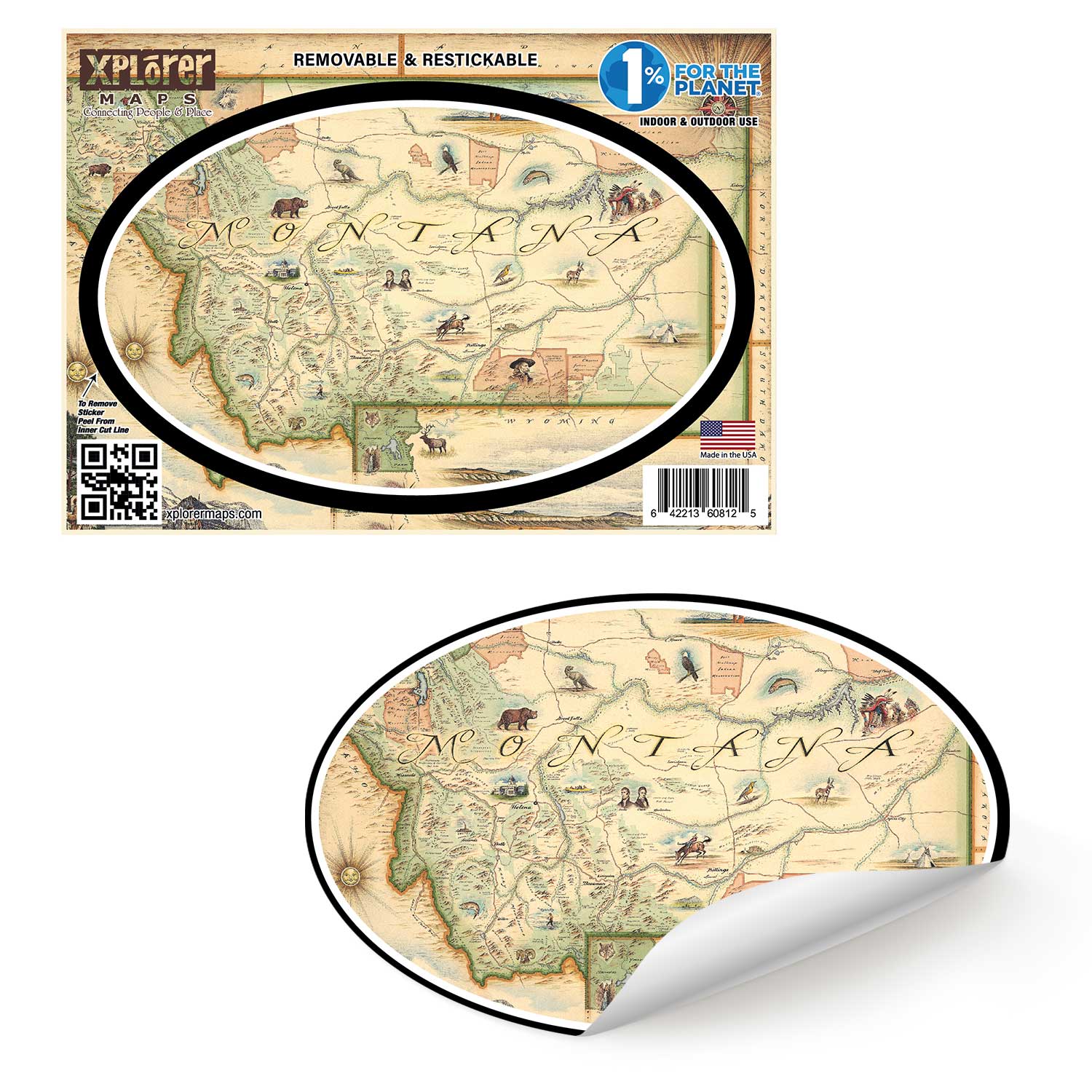 Montana State Map Stickers by Xplorer Maps. The map features Sacajawea, Lewis & Clark, Yellowstone, Glacier National Park, Flathead Lake, grizzly bear, bald eagle, and elk. Cities like Missoula, Bozeman, Helena, and Whitefish are included in the print. 