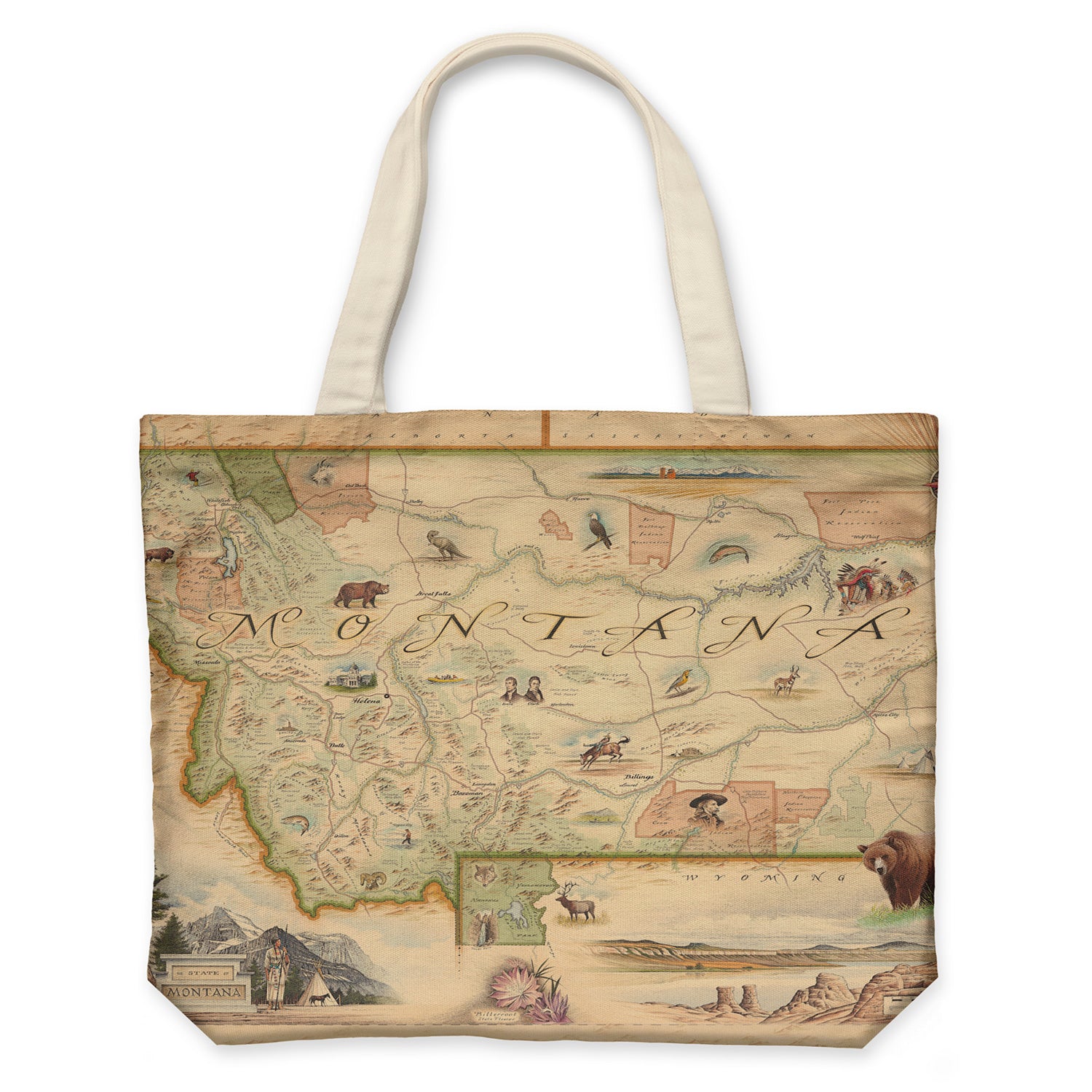 Montana State Map Canvas Tote Bag by Xplorer Maps.  The map is featuring Sacajawea, Lewis & Clark, Yellowstone, Glacier National Park, Flathead Lake, grizzly bear, bald eagle, and elk. Cities like Missoula, Bozeman, Helena, and Whitefish are included in the print. 
