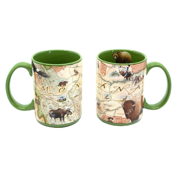 Two Green 16 oz Montana state map ceramic coffee mugs. The cups feature bison, Grizzly bears, moose, dinosaurs, Lewis and Clark, Fort Peck, cowboys, First Nation people, Crow lands, Helena, Bozeman, Missoula, Billings, Whitefish, Pronghorn, bald eagle, and trout.
