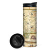 Montana State Map 16 oz Travel Bottle Thermos in earth tone colors. Featuring bear, bald eagle, cowboy, Lewis and Clark, Dinosaurs, Bitterroot Flower, Yellowstone, Glacier, Bozeman, Missoula, Whitefish. 