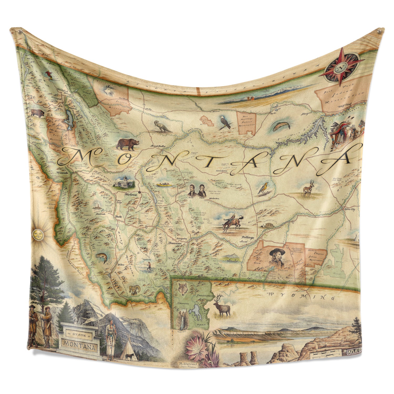 Hanging fleece blanket with map of Montana on it. Cozy and soft blanket, measures 58
