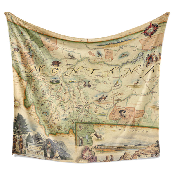 Hanging fleece blanket with map of Montana on it. Cozy and soft blanket, measures 58"x50."