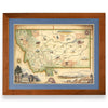 Montana State framed hand-drawn map. The print is framed in Montana's Flathead Lake Larch with a blue mat.  The map is featuring Yellowstone, Glacier National Park, Flathead Lake, Missoula, Bozeman, and Whitefish.