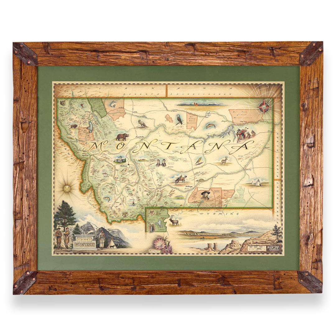 Montana State hand-drawn map in earth tones blues and greens. The map print is framed in Montana hand-scraped pine with a green mat.