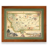 Montana State framed hand-drawn map. The print is framed in Montana's Flathead Lake Larch with a green mat. The map is featuring Yellowstone, Glacier National Park, Flathead Lake, Missoula, Billings, Bozeman, Butte, Helena, and Whitefish.