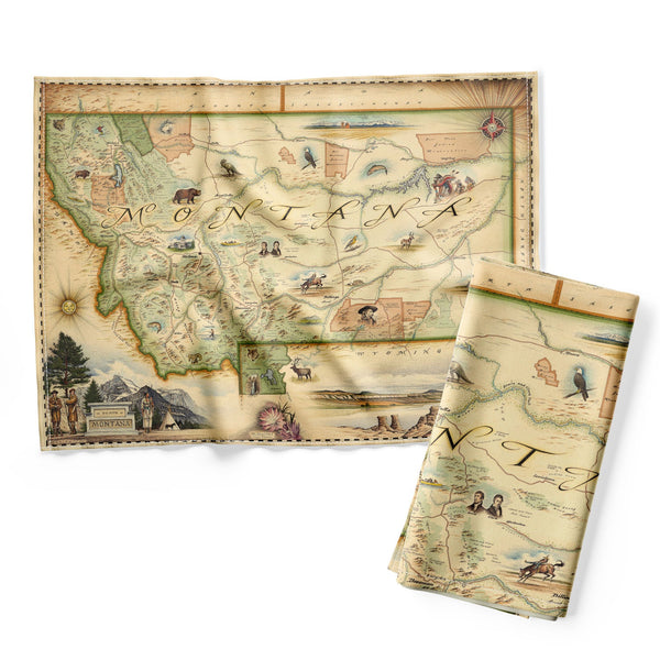 Montana state map Kitchen Dishwashing Towel featuring cities like Billings, Bozeman, Butte, Missoula, Helena, and Whitefish. Two national parks,, Glacier and Yellowstone are also featured. Sacagawea exploring with Lewis and Clark are highlightd with elk, bear, moose, dinosaurs, birds, and flowers. 