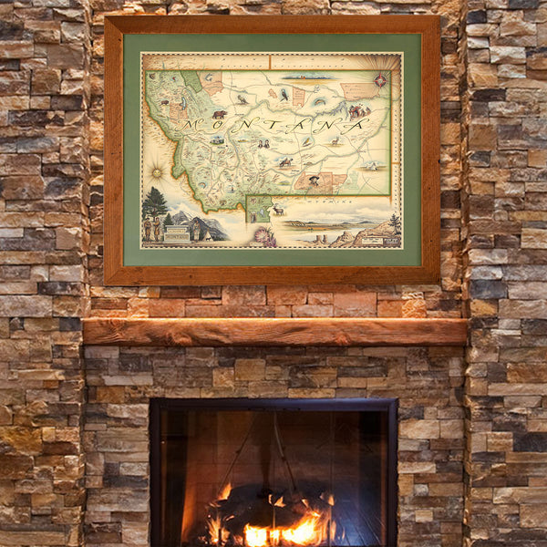 Xplorer Maps hand-drawn map of the state of Montana hangs above a fireplace on a brick wall.