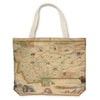 Montana State Map Canvas Tote Bag by Xplorer Maps.  The map is featuring Sacajawea, Lewis & Clark, Yellowstone, Glacier National Park, Flathead Lake, grizzly bear, bald eagle, and elk. Cities like Missoula, Bozeman, Helena, and Whitefish are included in the print. 
