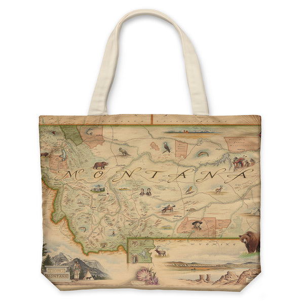 Montana State Map Canvas Tote Bag by Xplorer Maps.  The map is featuring Sacajawea, Lewis & Clark, Yellowstone, Glacier National Park, Flathead Lake, grizzly bear, bald eagle, and elk. Cities like Missoula, Bozeman, Helena, and Whitefish are included in the print. 