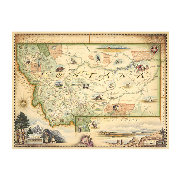 This Lithographic Map Art Print features a hand-illustrated map of Montana. Original hand-drawn pen and ink/watercolor artwork by Chris Robitaille of Xplorer Maps. The map is featuring Sacajawea, Lewis & Clark, Yellowstone, Glacier National Park, Flathead Lake, Missoula, Bozeman, Helena, and Whitefish. The Big Sky State Map is 24" wide by 18" tall.