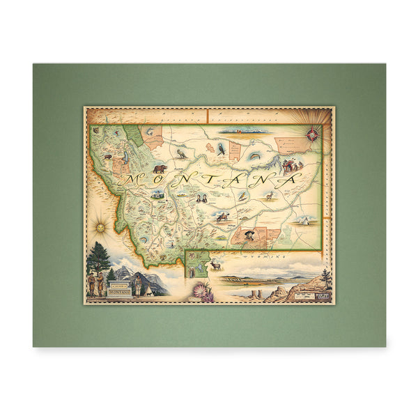 Montana State Mini-Map by Xplorer Maps. The map features Sacajawea, Lewis & Clark, Yellowstone, Glacier National Park, Flathead Lake, grizzly bear, bald eagle, and elk. Cities like Missoula, Bozeman, Helena, and Whitefish are included in the print. 