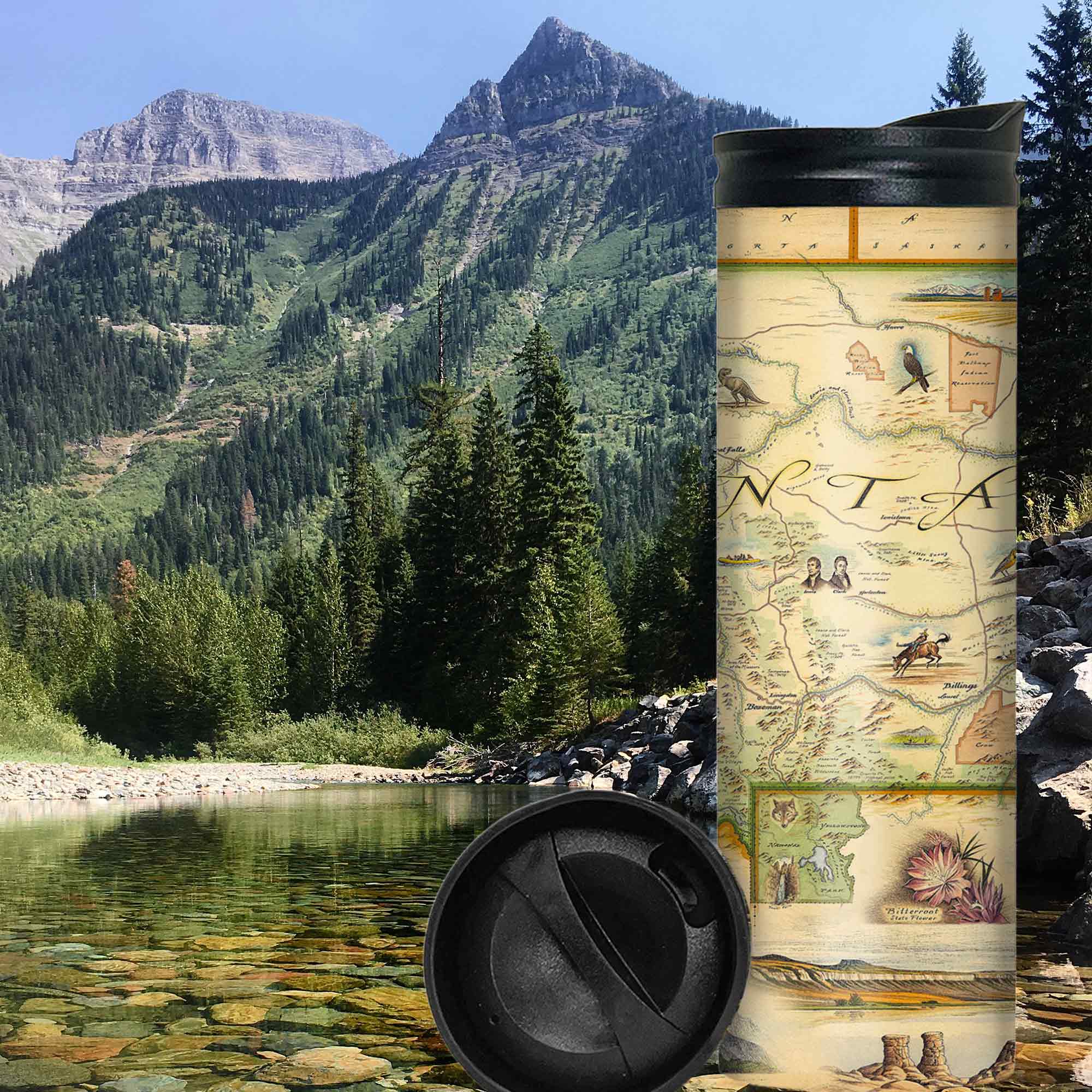 Montana State Map Coffee Mug next to a lake in the mountains. 