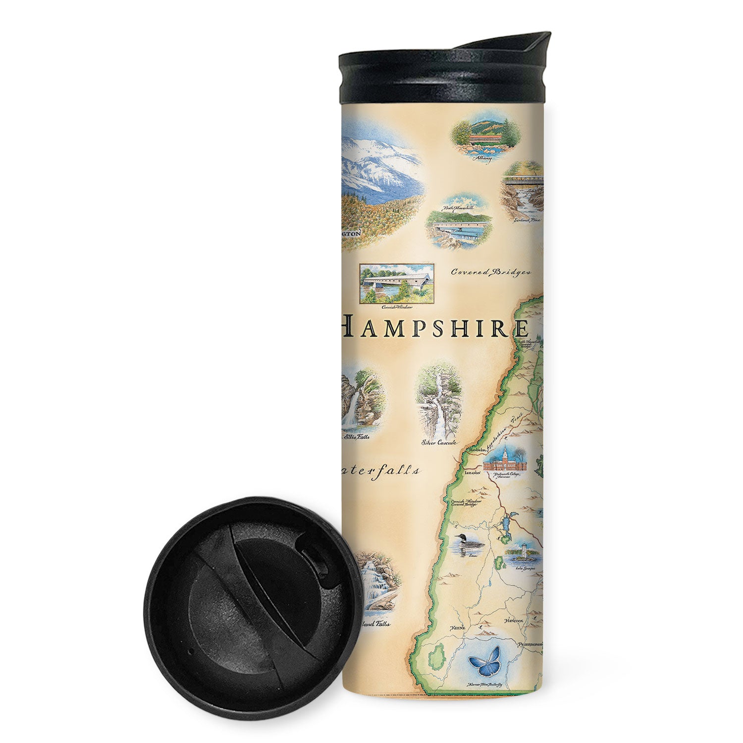 New Hampshire State Map 16 oz Travel bottle in earth tone colors.  Featuring water falls, covered bridge, loon, butterfly. 