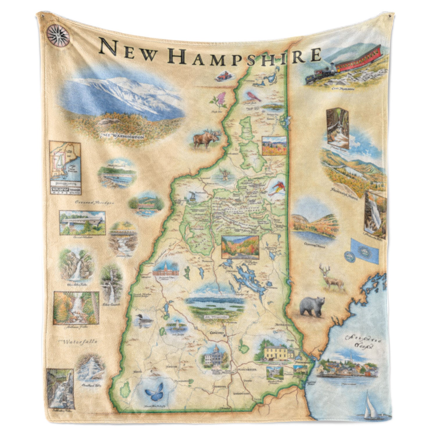 Hanging fleece blanket with map of New Hampshire on it. Artistic map blanket. Measures 58