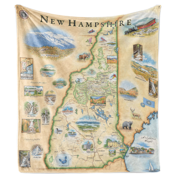 Hanging fleece blanket with map of New Hampshire on it. Artistic map blanket. Measures 58"x50."