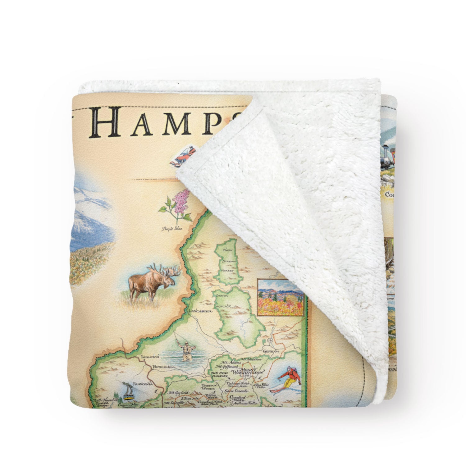 Folded fleece blanket with map of New Hampshire on it. Cozy and soft, the blanket measures 58