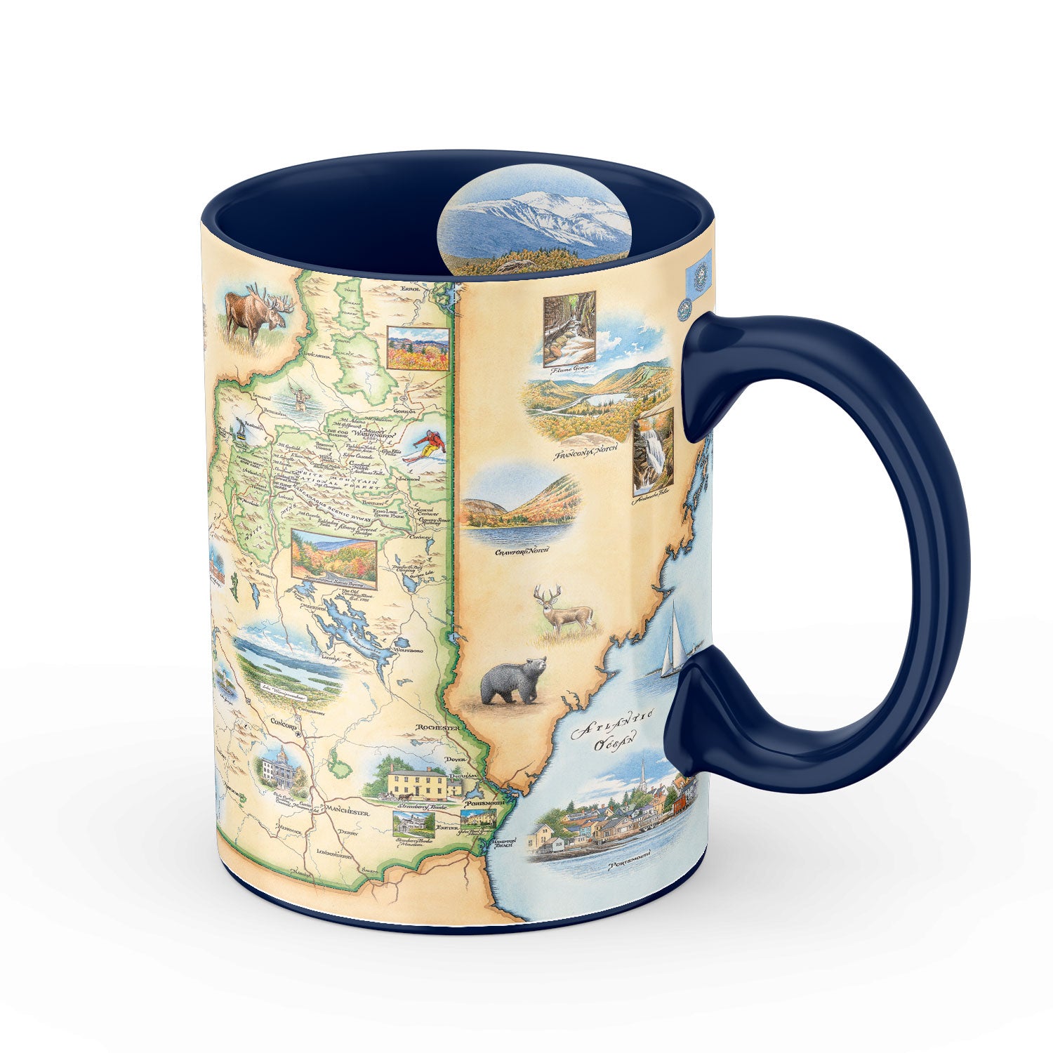 Blue 16 oz New Hampshire state map ceramic coffee mug. The cup features black bear, deer, sail boats, moose, waterfalls, Atlantic Ocean, Franconia Notch State Park, Mount Washington, fly fishing, and Crawford Notch.
