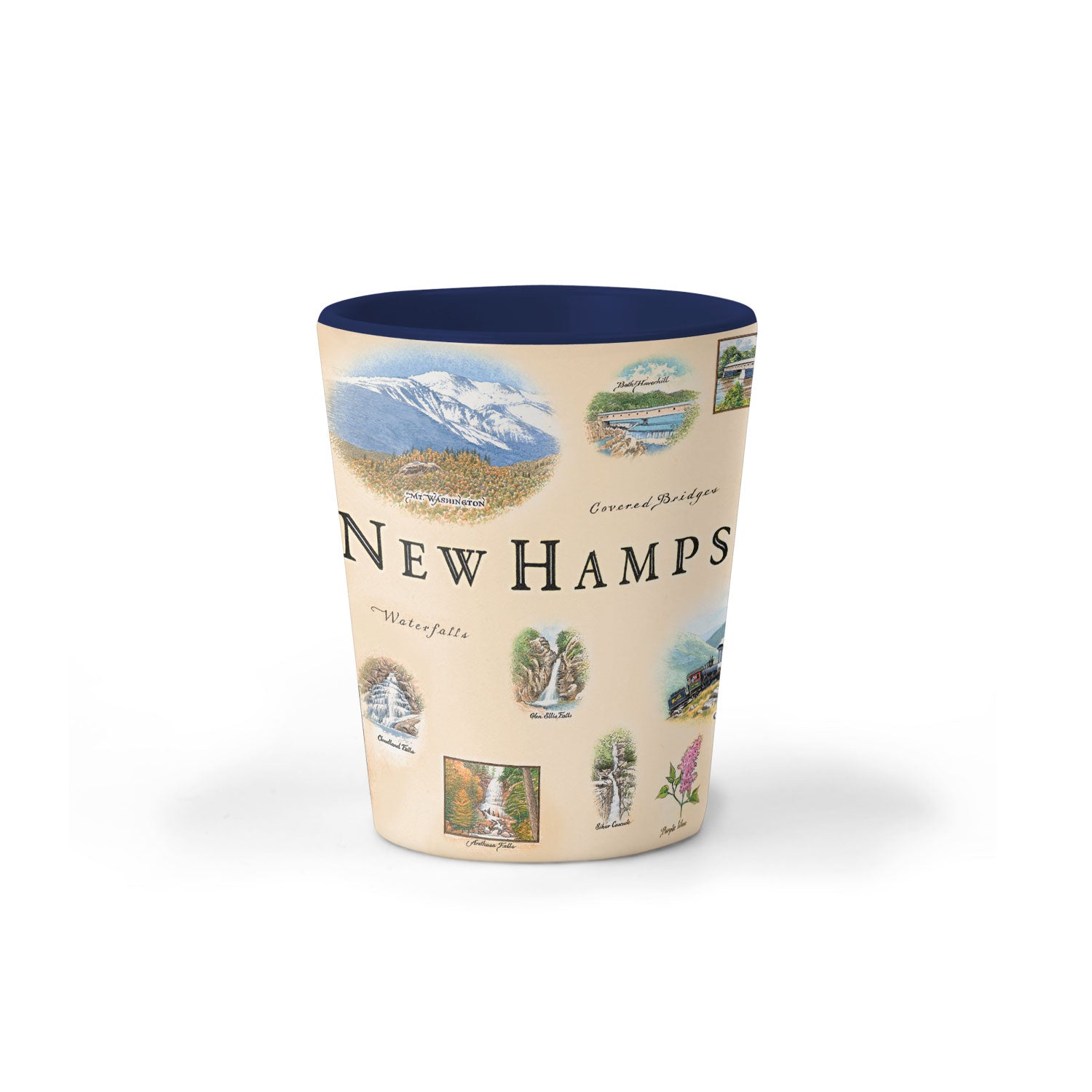 New Hampshire state map ceramic shot glass. The cup features black bears, deer, sailboats, moose, waterfalls, the Atlantic Ocean, Franconia Notch State Park, Mount Washington, fly fishing, and Crawford Notch.