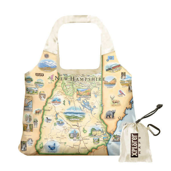 New Hampshire Map Pouch Tote Bag by Xplorer Maps. The map features illustrations of the Cog Railway, Crawford Notch, Portsmouth, moose, deer, and Mount Washington.