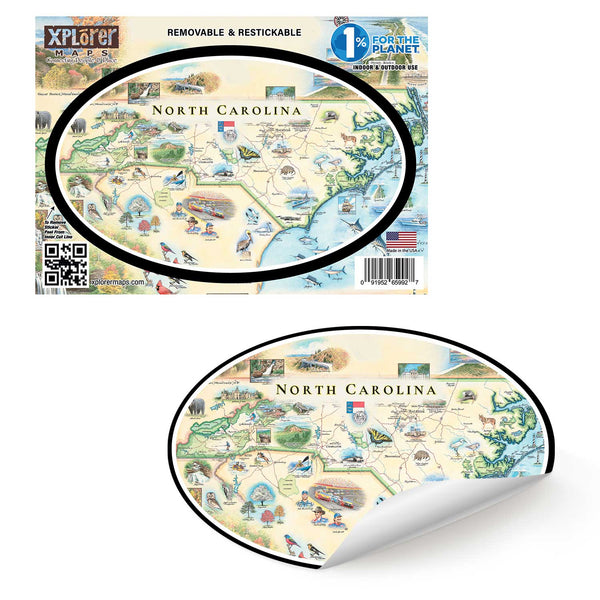 North Carolina State Maps Stickers by Xplorer Maps. Featuring the Great Lakes, Detroit, Ann Arbor, Grand Rapids, and Lansing. The Print also features Nature, animals, ducks, deer, fish, moose lighthouses, wolverines, and the Mackinac Bridge.