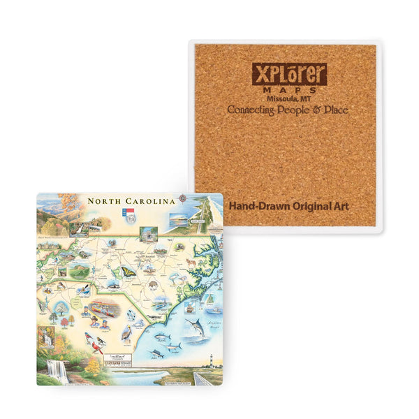 4"x4"  North Carolina Map Ceramic Coasters by Xplorer Maps.  The map features Dry Falls in the Nantahala National Forest, the Outer Banks, a Nascar Hall of Fame, and the USS North Carolina on the coast.