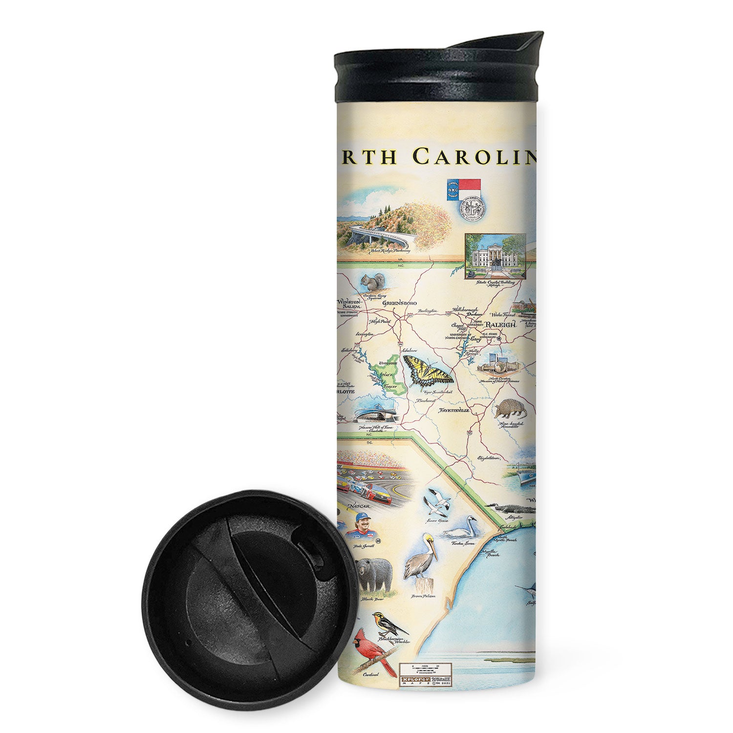 North Carolina State Map 16 oz Travel bottle in earth tone colors. Featuring Sea birds, butterfly, Blue Ridge Highway, Nascar, bear, and animals.  
