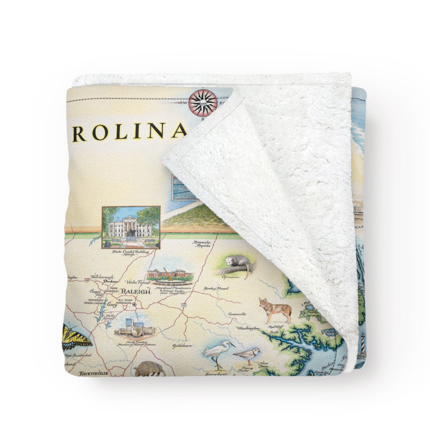 Folded blanket depicting a map of North Carolina. The blanket is soft and cozy fleece and measures 58