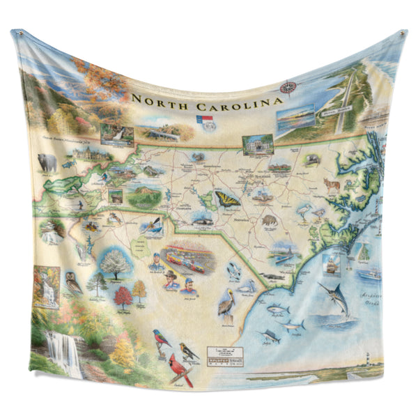 Hanging fleece blanket depicting North Carolina. Blanket features an artistic map. Measures 58"x50."