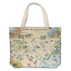 North Carolina State Map Tote Bags by Xplorer Maps. The map features Dry Falls in the Nantahala National Forest, the Outer Banks, a Nascar Hall of Fame, and the USS North Carolina on the coast.