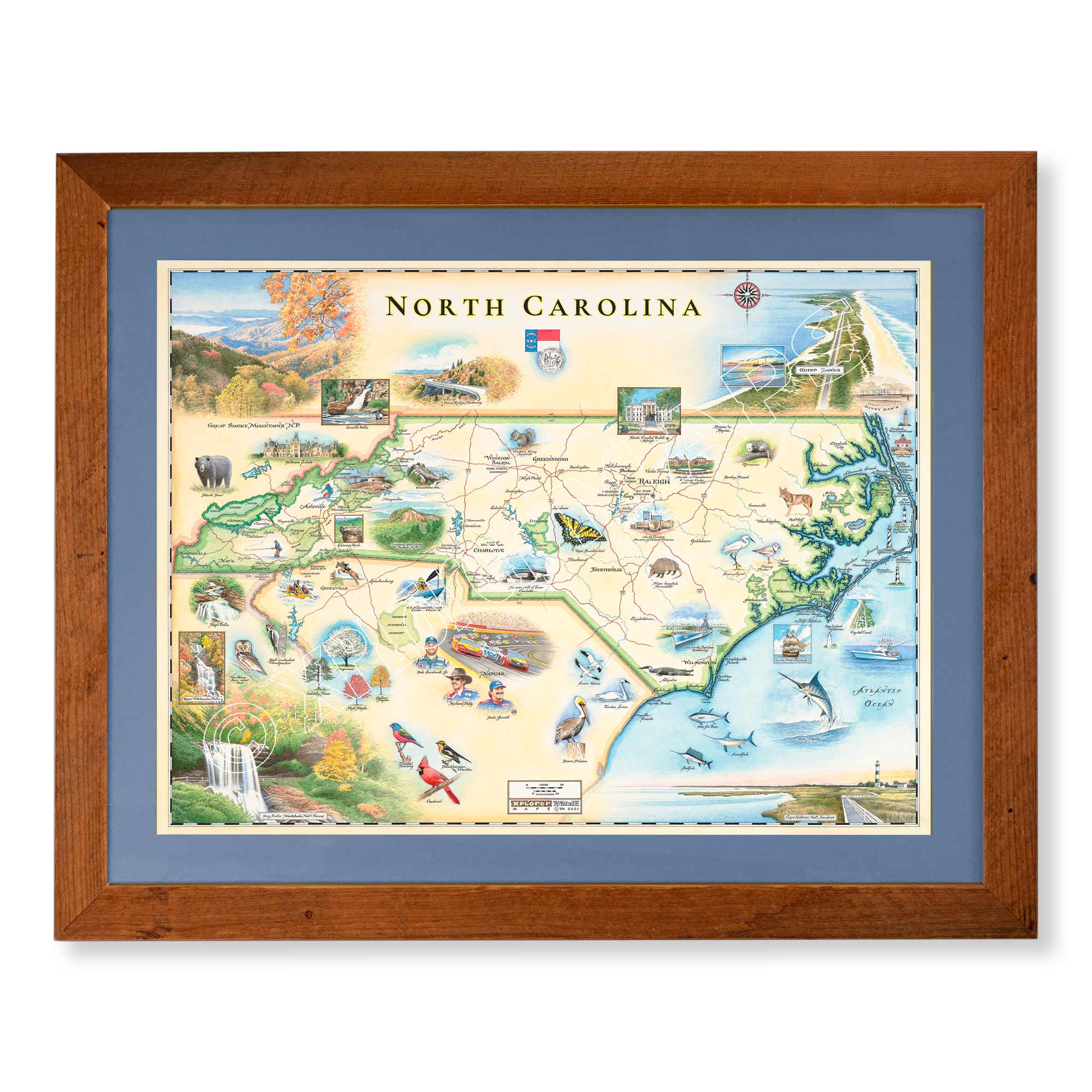 North Carolina state hand-drawn map The print is framed in  Montana Flathead Lake Larch with a blue mat. 