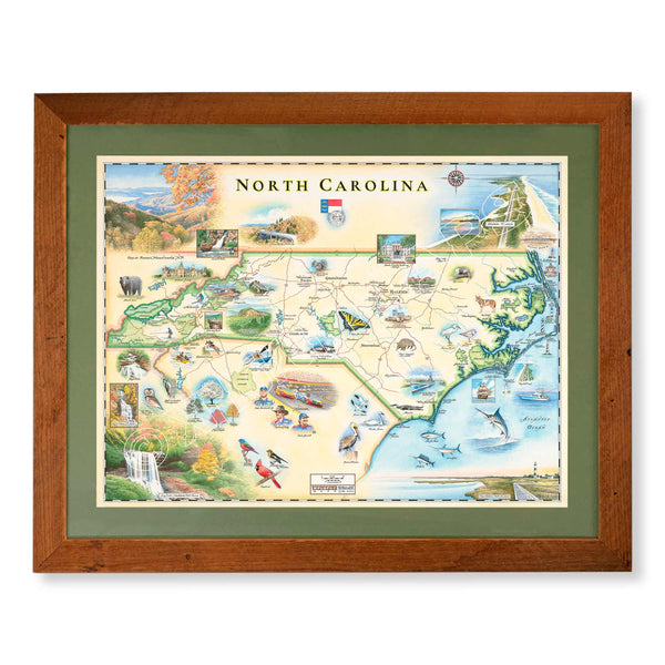 North Carolina state hand-drawn map. The print is framed in  Montana Flathead Lake Larch with a green mat. 
