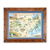 North Carolina state hand-drawn map in earth tones blues and greens. The map print is framed in Montana hand-scraped pine with a blue mat.
