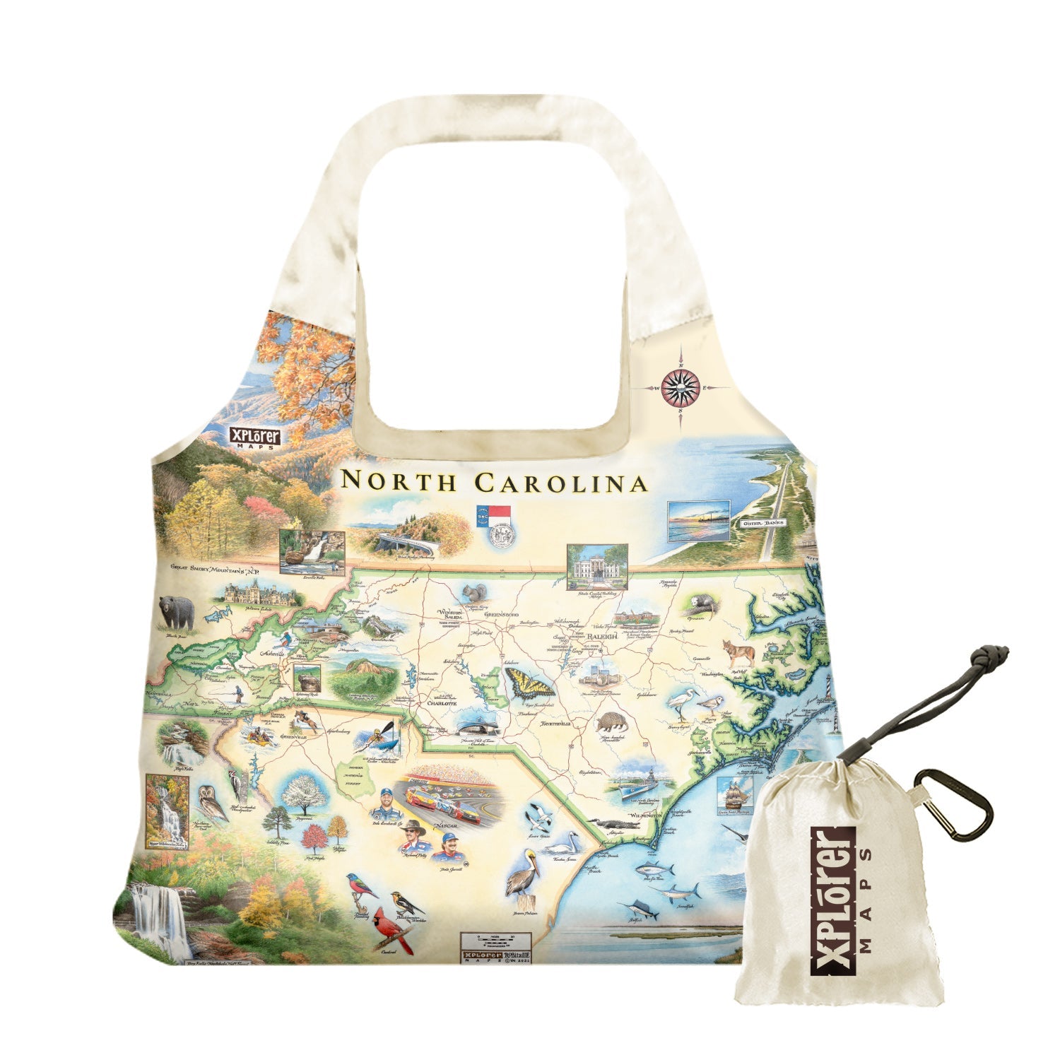 North Carolina State Map Pouch Tote Bags by Xplorer Maps. The map features Dry Falls in the Nantahala National Forest, the Outer Banks, a Nascar Hall of Fame, and the USS North Carolina on the coast.