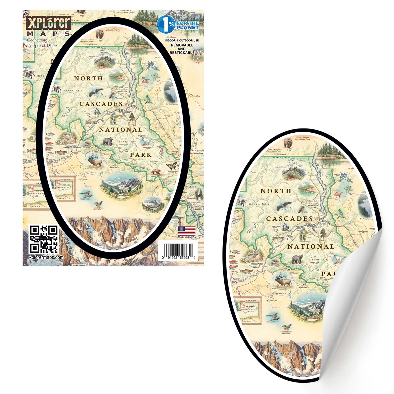 North Cascades National Park Map Sticker by Xplorer Maps. The map The cup features a grizzly bear, Mountain goat, flowers, Lake Chelan Recreation Area, and Majestic Mountains. 