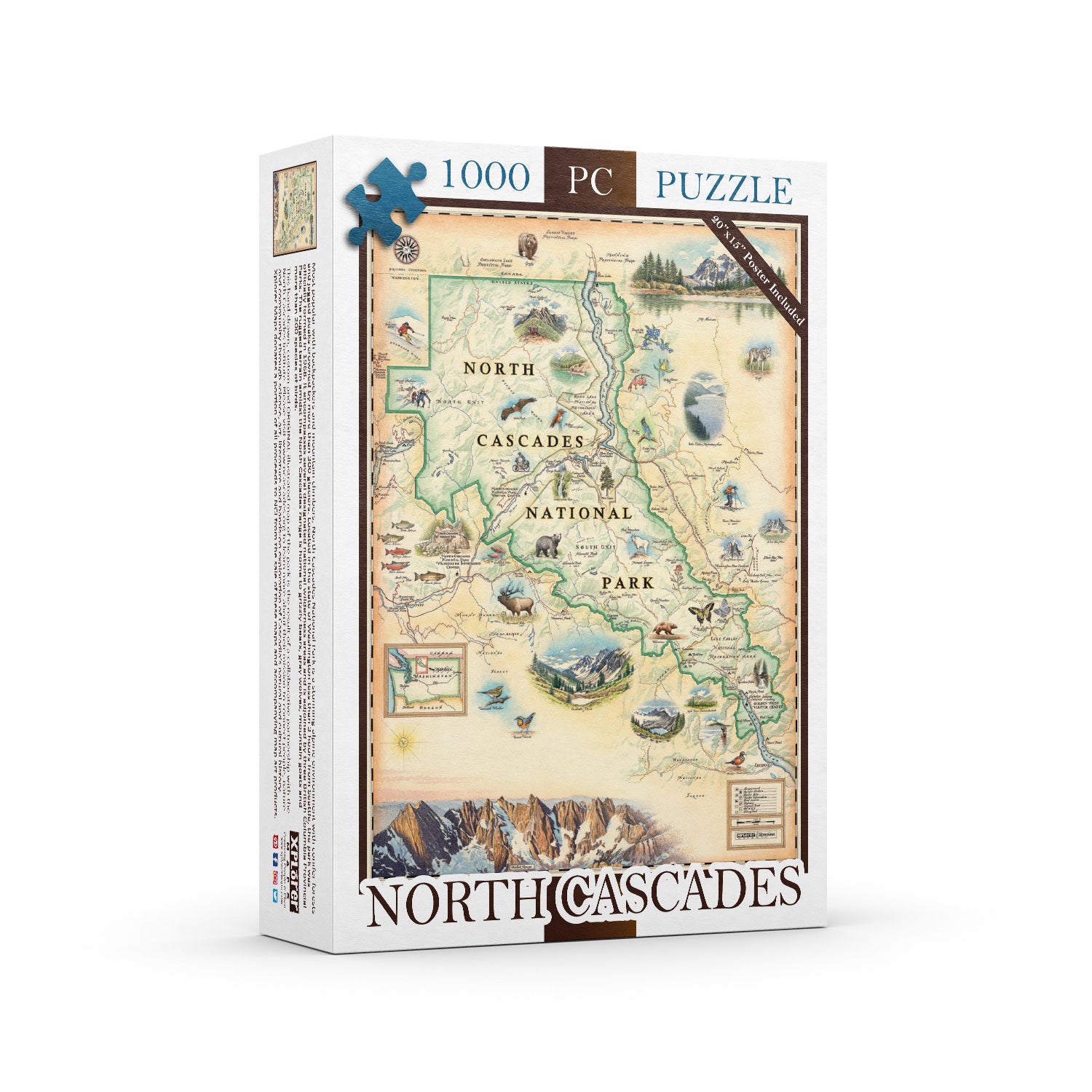North Cascades National Park Map Jigsaw Puzzle by Xplorer Maps. Features illustrations of flora and fauna such as black bears, elk, wolverine, glacier lilies, and huckleberries. Other illustrations include Pickett Range, Cascade Pass, and Lake Chelan Recreation area.