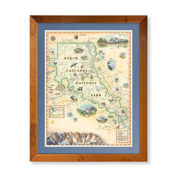 North Cascades National Park hand-drawn map The print is framed in  Montana Flathead Lake Larch with a blue mat. 