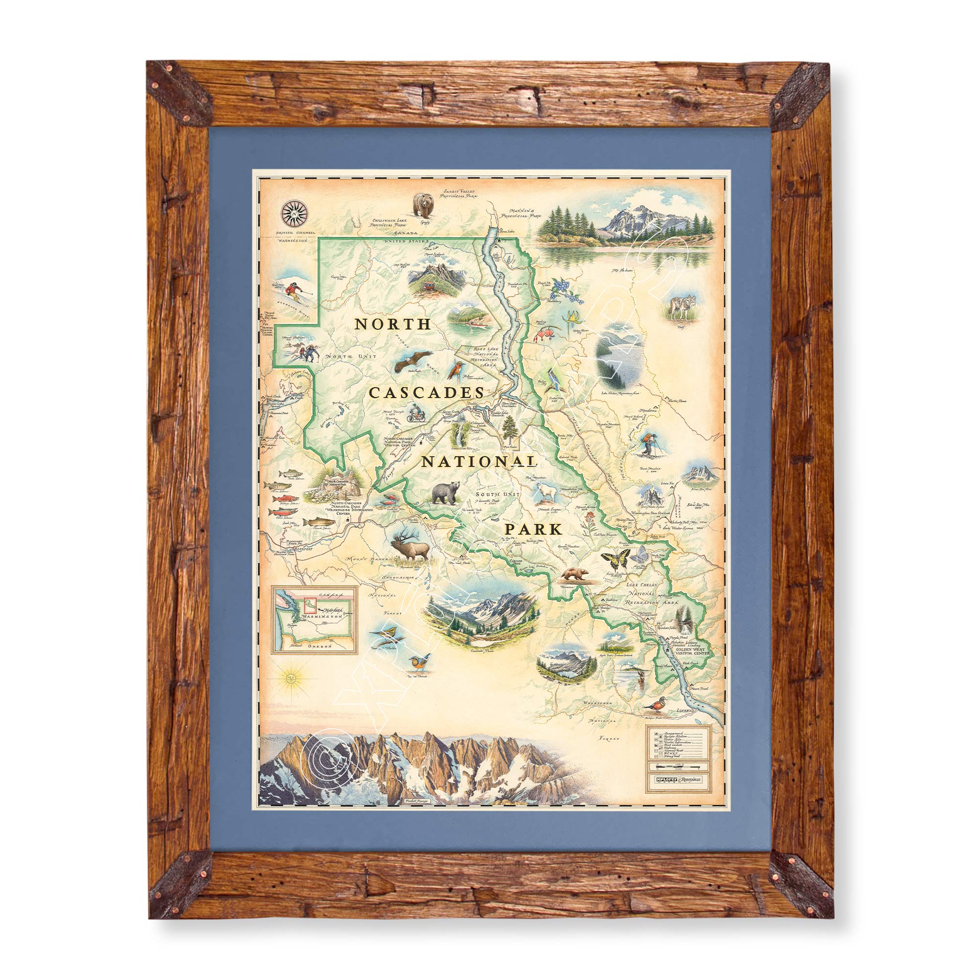 North Cascades National Park hand-drawn map in earth tones blues and greens. The map print is framed in Montana hand-scraped pine with a blue mat.