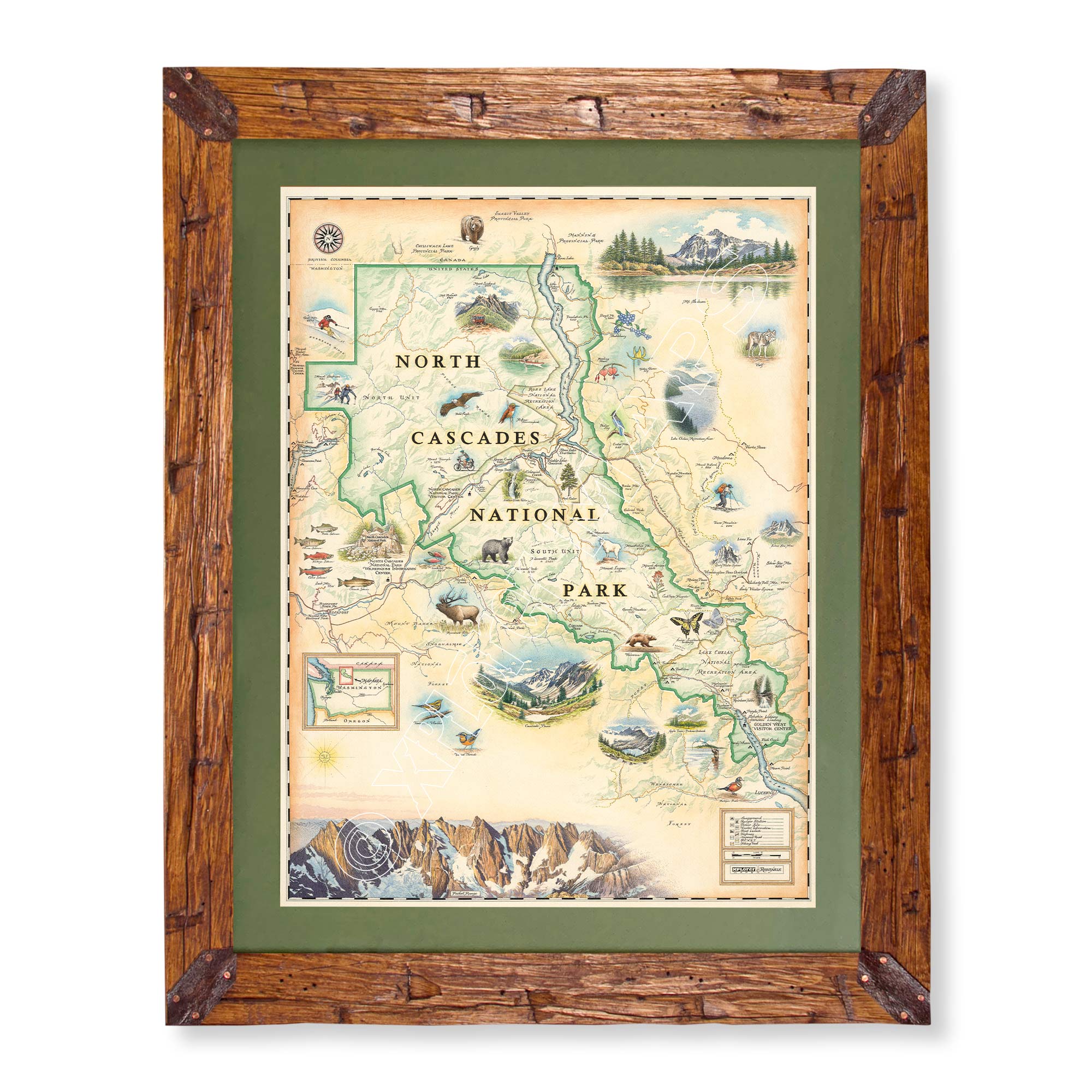 North Cascades National Park hand-drawn map in earth tones blues and greens. The map print is framed in Montana hand-scraped pine with a green mat.
