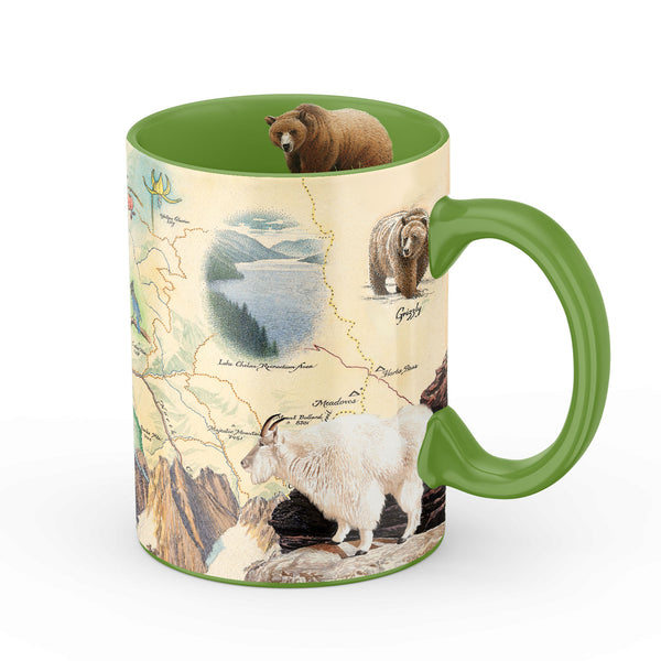 Green 16 oz North Cascades National Park map ceramic coffee mug. The cup features grizzy bear, Mountain goat, flowers, Lake Chelan Recreation Area and Majestic Mountains. 