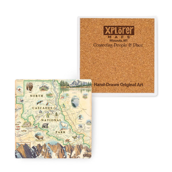 4"x4" North Cascades National Park Map Ceramic Coasters by Xplorer Maps. The map features illustrations of black bears, elk, wolverines, glacier lilies, and huckleberries. Other illustrations include Pickett Range, Cascade Pass, and Lake Chelan Recreation area.