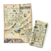 The North Cascades 100% cotton flour-sack dishtowels in earth tones of green and blue. Featuring illustrations of black bear, elk, wolverine, glacier lily, and huckleberries. Other illustrations include Pickett Range, Cascade Pass, and Lake Chelan Recreation area.