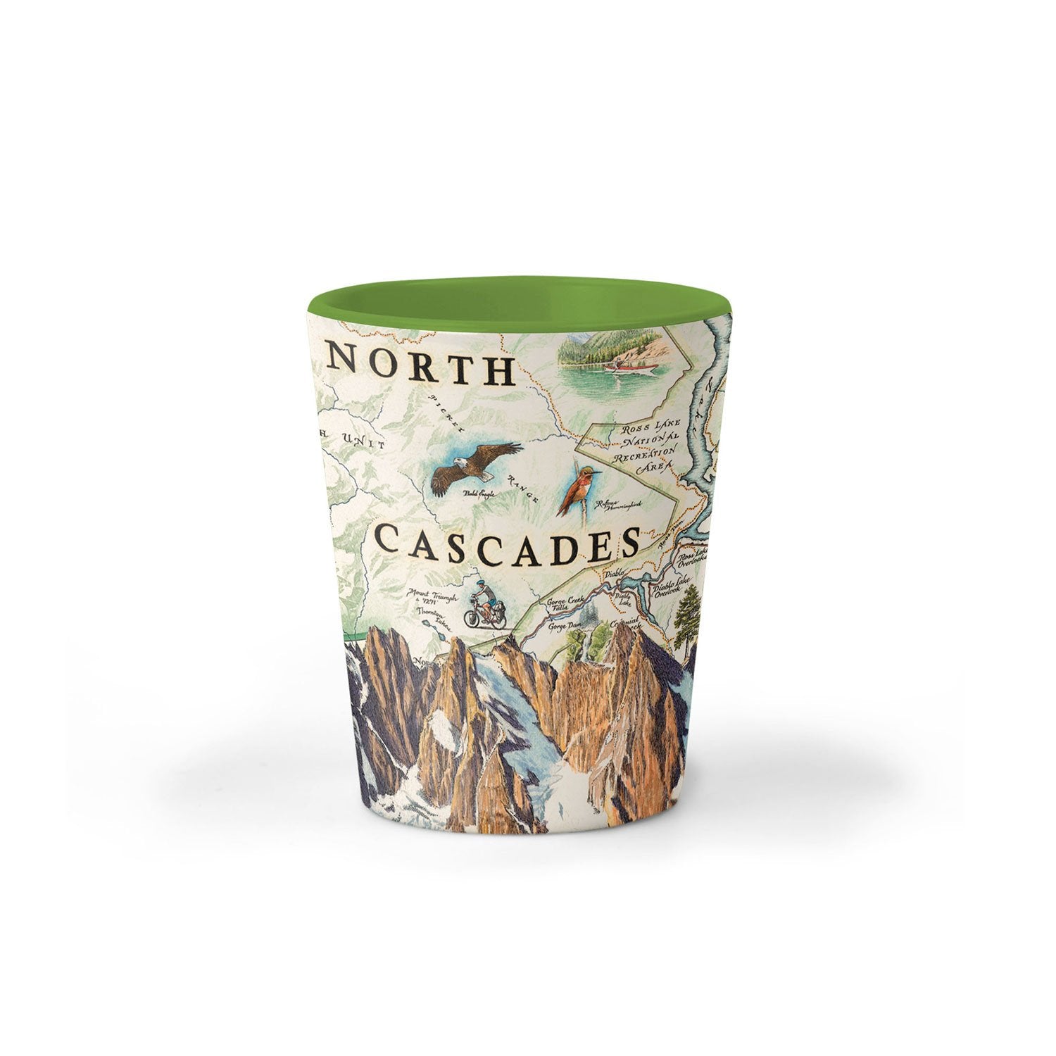 Washington's North Cascades National Park Map Ceramic shot glass by Xplorer Maps. The map The cup features a grizzly bear, Mountain goat, flowers, Lake Chelan Recreation Area, and Majestic Mountains. 