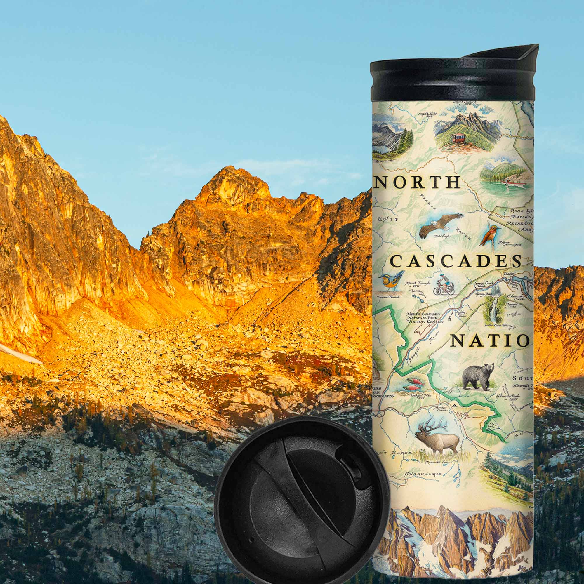 North Cascades National Park Map with mountains with sunset.