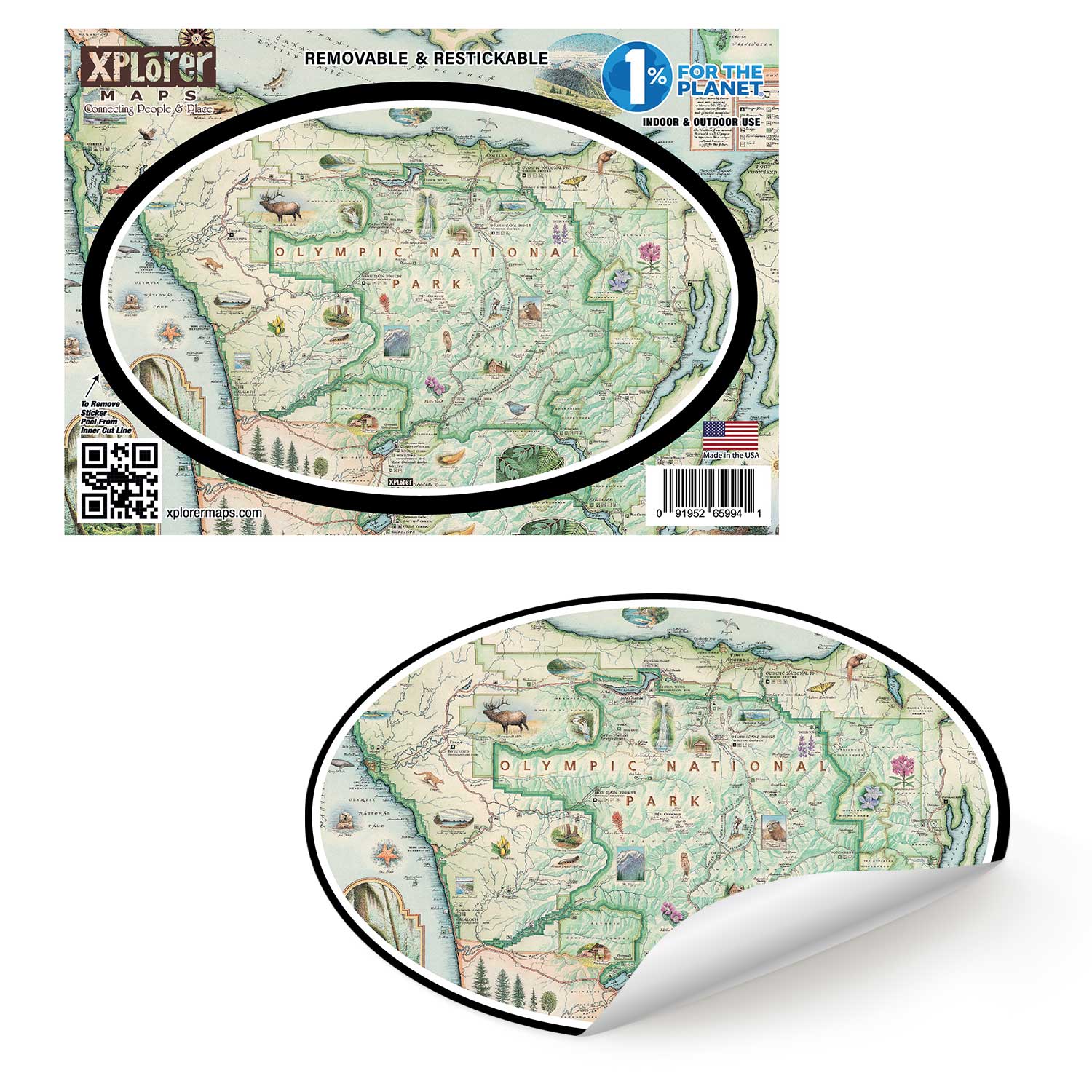 Olympic National Park Maps Sticker by Xplorer Maps.  The map features illustrations of the park such as Enchanted Valley Chalet, Sol Duc Hot Springs Resort, Hurricane Ridge Visitor Center, and Kalaloch Lodge. Flora and fauna include sea otters, Roosevelt elk, Chinook salmon, skunk cabbage, and Flett's Violet.