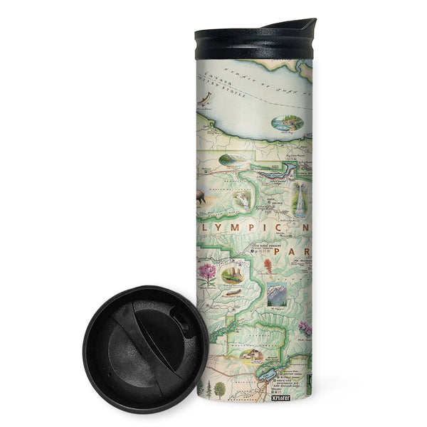 Washington's Olympic National Park Map 16 oz Travel Bottle in green and blue. Featuring flowers, waterfalls, climbers, hiking trail, Hoh rainforest, Lake, Mount Olympus, mountains. 