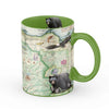 Green 16 oz Olympic National Park Map Ceramic coffee mug. The Cup features bald eagle, black bears, butterfly, marmot, glacier-clad Mount Olympus, and flowers. 