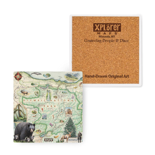 4"x4" Olympic National Park Map Ceramic Coasters by Xplorer Maps. The map features illustrations of the park such as Enchanted Valley Chalet, Sol Duc Hot Springs Resort, Hurricane Ridge Visitor Center, and Kalaloch Lodge. Flora and fauna include sea otters, Roosevelt elk, Chinook salmon, skunk cabbage, and Flett's Violet.